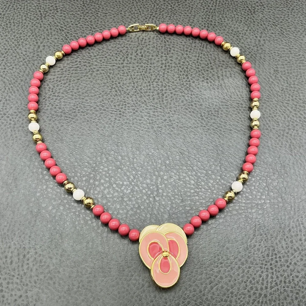 Napier Necklace Pink Beaded Flower Pendant‎ Gold Tone 22 In Womens Statement
